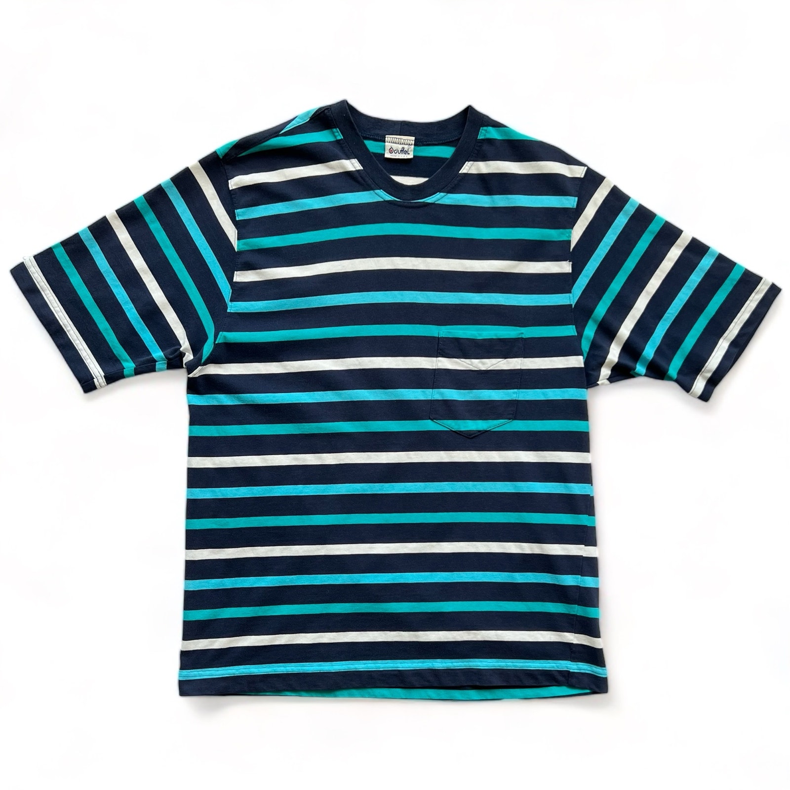 Vintage Usa Made Duffel Striped T Shirt Navy Blue Teal White Preppy Xl L Skater